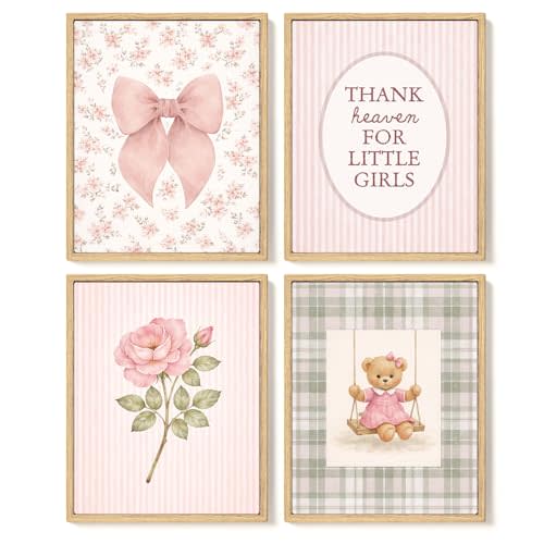 SkyCozy Girls Room Decor, Thank Heaven for Little Girls Wall Art Posters | Pink Floral Bow Teddy Bear Nursery Prints, Vintage Baby Girl Nursery Decor for Bedroom Playroom, 8x10 Set of 4 Unframed
