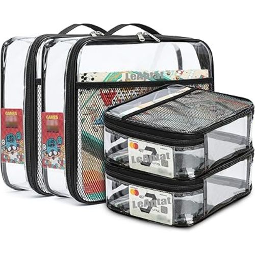 4 Pack Clear PVC Waterproof Toy Storage Bags with Name Tag Pockets - Zippered Organizer for 2x4 Building Blocks, Puzzles, Travel Toiletries, Kids Room Organization (Black, S & M)