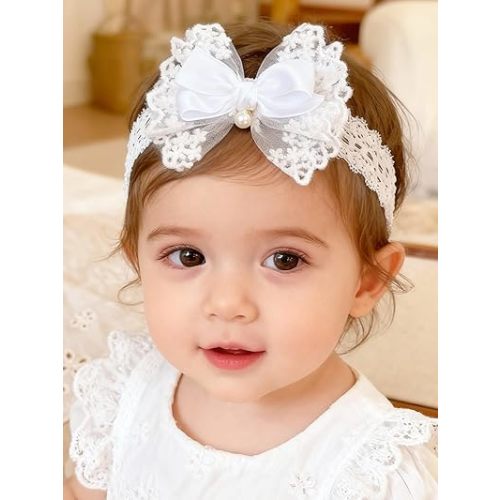 Baby Girls Headband White Bow Lace Headbands Soft Elastic Bowknot Hairbands Cute Hair Accessory for Newborn Kids Infant Toddler Baptism Birthday Party (Lace Pearl)