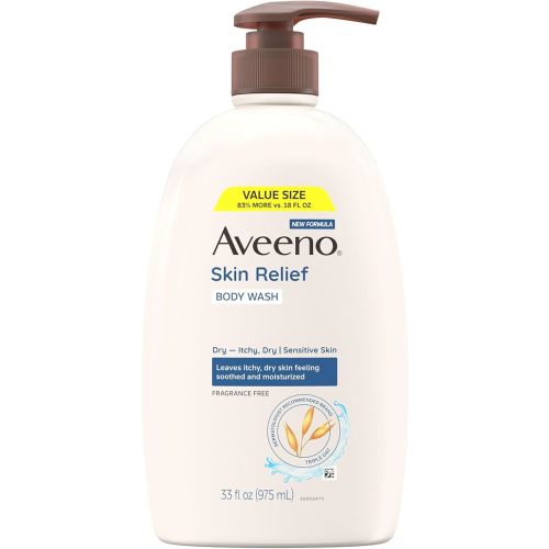 Aveeno Skin Relief Fragrance Free Body Wash, Triple Oat Formula, Gentle Daily Cleanser for Itchy Dry Sensitive Skin, Soap & Paraben Free, Soothes Skin, Dermatologist Recommended Brand, 33 fl oz