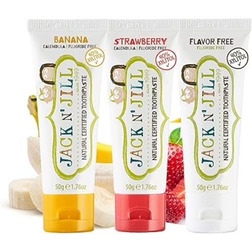 Jack N' Jill Natural Baby Toothpaste - Fluoride Free Training Toothpaste for Babies 6 Months and Up, Safe to Swallow, 40% Xylitol, BPA Free - 1.76 oz (Variety Pack of 3)