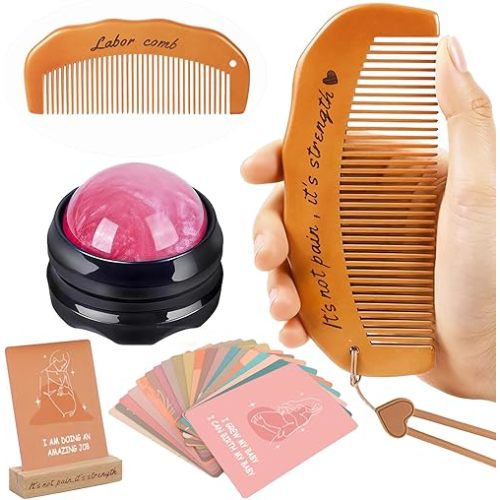 Birth Comb 25 Pcs Gifts Set,Includes Wooden Labor Comb with String,Pregnancy Birth Affirmation Cards,Massage Roller Ball, Facial Massager,Storage Bag,Wooden Base.Birth Essentials,Designed for Moms