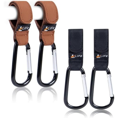 4 Pack Baby Stroller Hooks for Hanging | Multipurpose Stroller Straps with Durable and Stylish Stroller Clips for Diaper Bags | The Perfect Mummy Hook for Stroller, Walker and Shopping (Brown & Black)