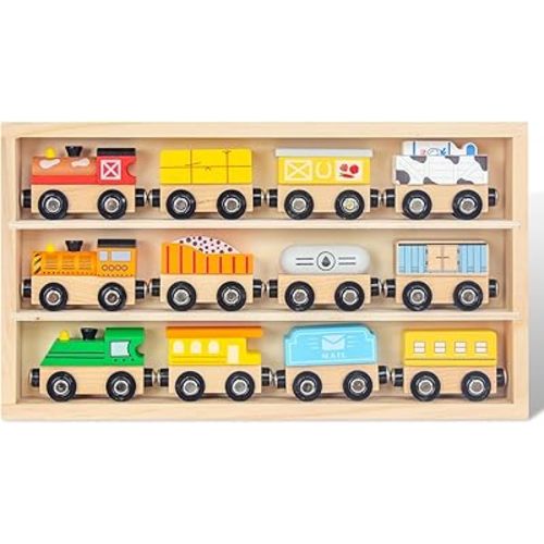 Wooden Train Sets for Toddlers, 12Pcs Train Toy Magnetic Sets Fits Brio, Thomas, Melissa and Doug, Kids for Boys Girls 3 4 5 Years Old