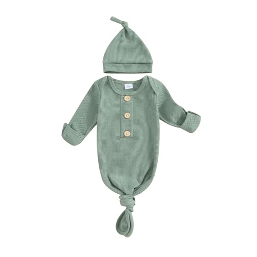KMBANGI Newborn Boy Girl Knotted Gown Hat Set Fall Sleep Gown with Mittens | Baby Knotted Gown with Hat, Infant Sleeper, Baby Sleep Gown with Mittens, Long Sleeve Button Romper, Solid Color Sleeper