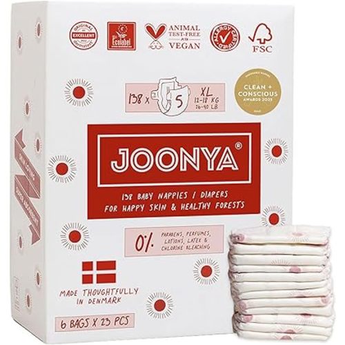 Joonya Baby Diapers, Size 5 XL (26-40 lb) - 6 Bags of 23 (138) - Non Toxic, Eco-Friendly, High Absorbency, Overnight Use, Ultra Slim & Soft - Made in Denmark