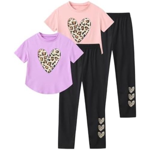 Girls Outfits Fashion Short Sleeve Shirts Tops and Pants Fashion Heart Leopard Print Sets Cute Summer Clothes 4 Piece