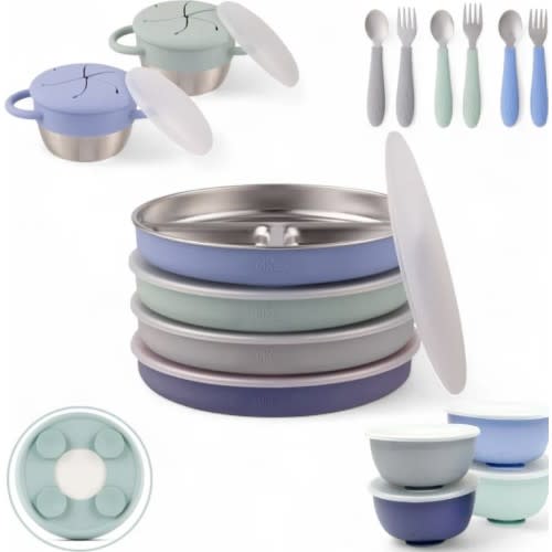Stainless Steel Mealtime Bundle | Suction Sleeves | Plates, Bowls, Snack Cups + Toddler Utensils | 16 Pcs |  Sage/MistyBlue/Navy/Gray