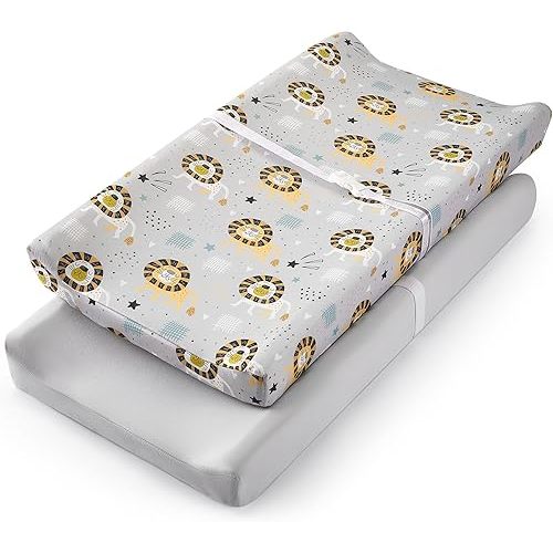 TILLYOU Changing Pad Cover Set in Soft Jersey Material - Fits 32"/34''x16 Contoured Pad for Babies, Lion's Paradise and Grey
