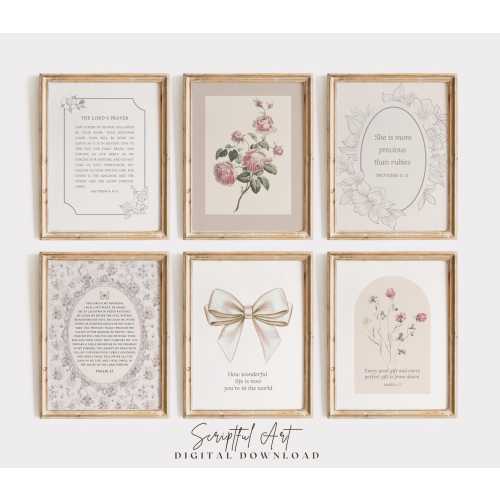 Christian Girls Nursery Decor, Vintage Floral Bible Verse Prints: Set of 6 Digital Download