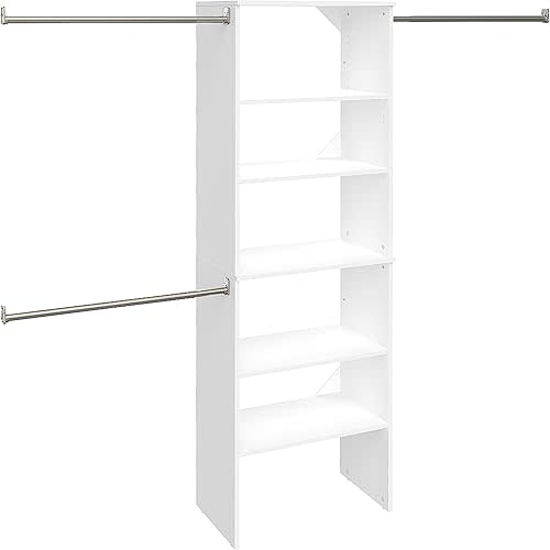 ClosetMaid SuiteSymphony Wood Closet Organizer Starter Kit Tower and 3 Hang Rods, Shelves, Adjustable, Fits Spaces 5 – 10 ft. Wide, Pure White, 25"