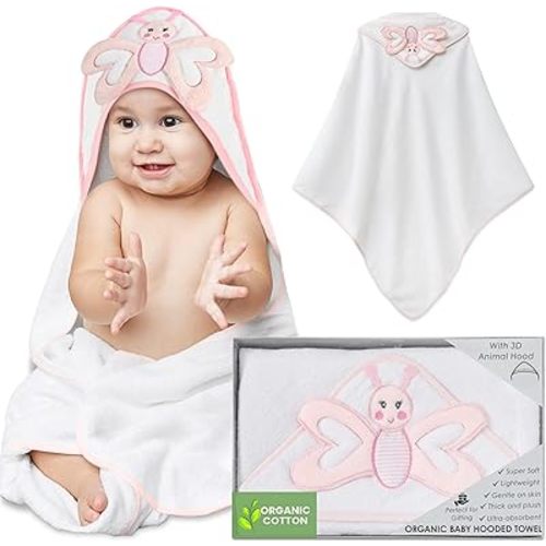Mother's Choice Toalla con capucha para bebé, algodón de tamaño grande, ultra suave y absorbente, para recién nacidos, bebés, niños y niñas con capucha de animal (mariposa)