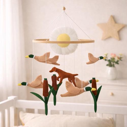 Nature Inspired Nursery Mobile, Felt Ducks Dog & Cattails, Handmade Baby Mobile for Crib