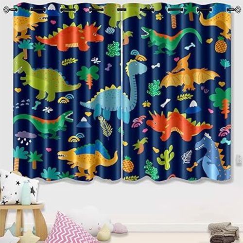 Dinosaur Curtains 2 Panels 63" Inch Drapes Boys Curtains for Bedroom Cute Dinosaur Themed Grommet Top Thermal Insulated Boys Room Curtain for Nursery, Navy Blue, 82" x 63"