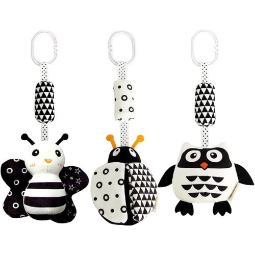 KAKIBLIN 3 Pack Hanging Rattle Toys, High Contrast Baby Hanging Toys and Plush Stroller Toys for Babies 0-18 Months, Newborn Black White Car Seat Toys (21CM, Ladybug,Bee & Owl)
