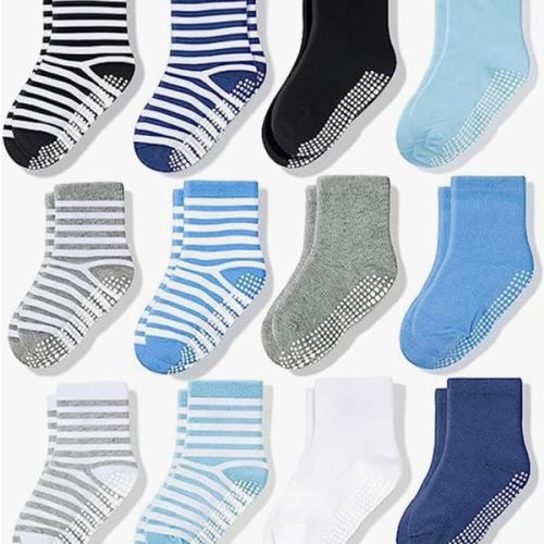 CozyWay Baby & Toddler Socks With Grippers Non Slip Crew Grip Socks for Girls and Boys Soft Comfy Cotton - 12 Pack