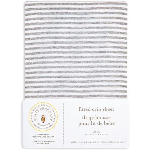 Burt's Bees Baby - Fitted Crib Sheet, Girls Boys & Unisex 100% Organic Cotton Crib Sheet for Standard Crib & Toddler Mattresses - Grey Stripe