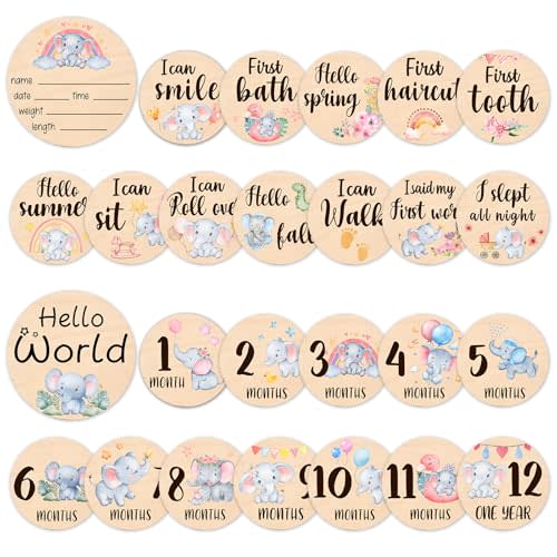 Baby Monthly Milestone Cards Signs - 13 Double Sided Little Elephant Milestone Cards, "Hello" Wooden Circles Discs for Photo Props Elephant Newborn Announcement Marker, Baby Shower Newborn Sign Gift