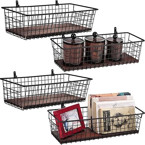 4 Set [Extra Large] Portable Metal Farmhouse Wall Decor Storage Organizer Basket Bin with Handles and Floating Shelves for Hanging in Entryway,Bathroom,Kitchen-Wall Mount Hooks Included (4, Black)