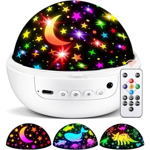 COOLNIGHT Room Decor, 93 Lighting+3 Films Toddler Room Decor, Remote+Dimmable+360° Slient Nightlight for Baby Nursery, Starry Night Light Up Toys, Moon Projector (White)