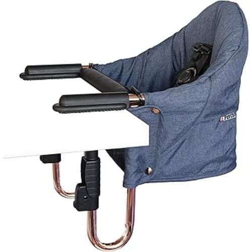 guzzie+Guss Perch Clip-On Table Chair – Easy Setup for Travel (Restaurants, Picnics), at Home (Kitchen Islands, Dining Tables) - Secure & Portable Seating, Machine Washable Fabric - Copper Blue