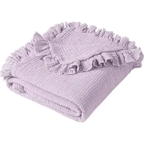 Konssy 100% Cotton Muslin Baby Blanket with Ruffle Trim for Girls, 43"x39"