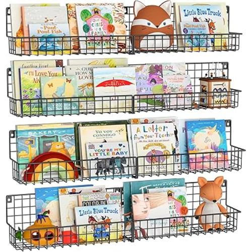 X-cosrack 31 Inch Lengthen Wall Mounted Kids Bookshelf, Floating Metal Book Shelves for Kids Nursery Toddler Classroom, Hanging Book Shelf Organizer for Room Decor, Black