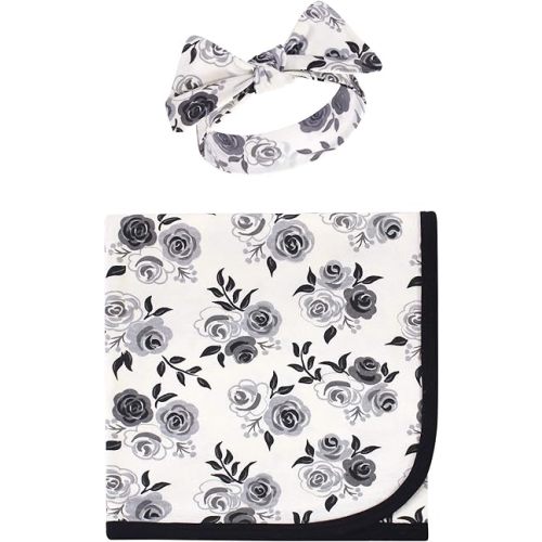 Touched by Nature Unisex Baby Organic Cotton Swaddle Blanket and Headband or Cap, Black Floral, One Size