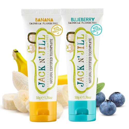 Jack N' Jill Natural Toothpaste for Kids - Fluoride Free Toothpaste, 40% Xylitol, BPA Free - Banana & Blueberry, 1.76 oz (Pack of 2)