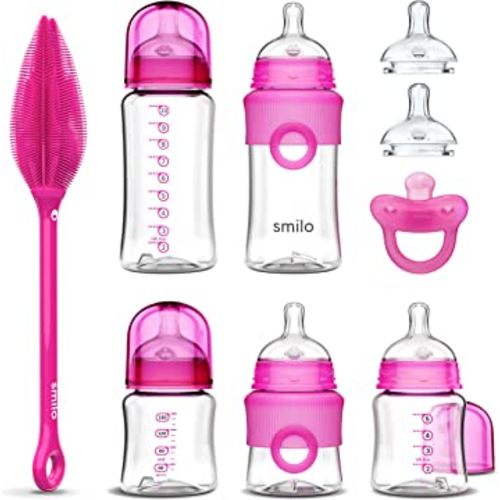 Smilo Baby Bottle Feeding Gift Set - Bottle Set with 100% Silicone Newborn Pacifier, Replacement Nipples and Baby Bottles Cleaning Brush - Perfect Essentials and Gift for Girls & Boys - Pink