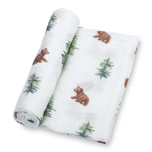 Lollybanks Bear Pine Tree Baby Swaddle Blanket- 100% Muslin Cotton, 47"x47", Unisex for Boys and Girls, 1 Pack