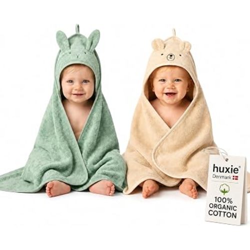 Hooded Baby Towels – 100% Organic Cotton Baby Bath Towels – Baby Boy and Girl Newborn Essentials - Super-Soft and Absorbent. (2-Pack Fog Bear and Roman Green Rabbit)