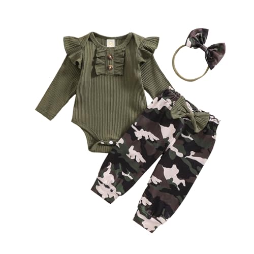 Aimaopao Baby Girls Clothes Ribbed Romper Bodysuit Pants Headband Set Fall Winter Outfits