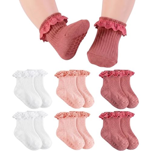 Baby Girl Ruffle Socks with Grips Soft Cotton Non Slip Ankle Socks