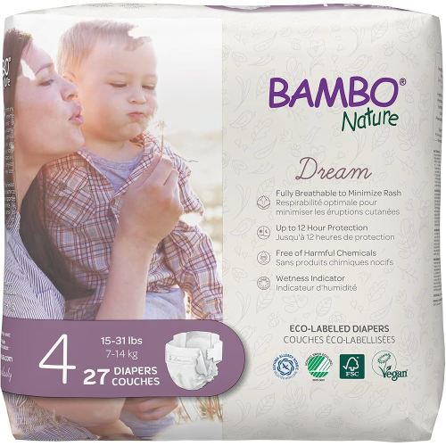 Bambo Nature Hypoallergenic Baby Diapers, Eco-Labelled Sustainable Diapers, Enhanced Leakage Protection, Totally Chlorine-free, Skin Friendly, and Super Absorbent - Size 4 (27 Count)