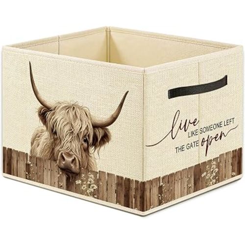 Highland Cow Lover Gifts Storage Bin Box, Live Like Someone Left the Gate Open Farmhouse Cow Foldable Laundry Basket Toys Books Clothes Organizer for Bedroom Bathroom Home Decor