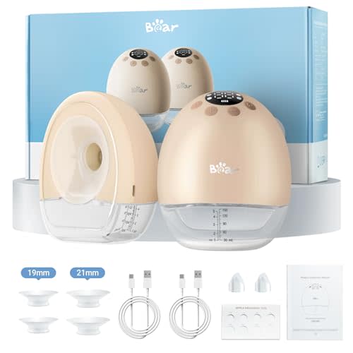 Bear Breast Pump Hands Free, Wearable Breastfeeding Pumps Strong Suction Low Noise, 4 Modes& 9 Levels Electric Breast Pump Portable, 19/21/24mm Insert Flange, 2 Packs
