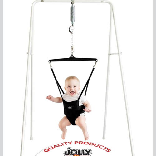 Jolly Jumper Classic (Black) with Stand - Original Baby Jumper, Indoor and Outdoor Exercise Saddle Seat, Adjustable Height, for Infants up to 28lbs