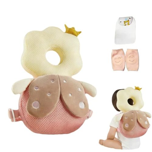 Baby Head Protector Backpack, Toddler Baby Head Protection Backpack with Baby Knee Pads Alarm Function for Walking & Crawling, Soft, Breathable and Wearing Safety Baby Head Protector (Pink Butterfly)