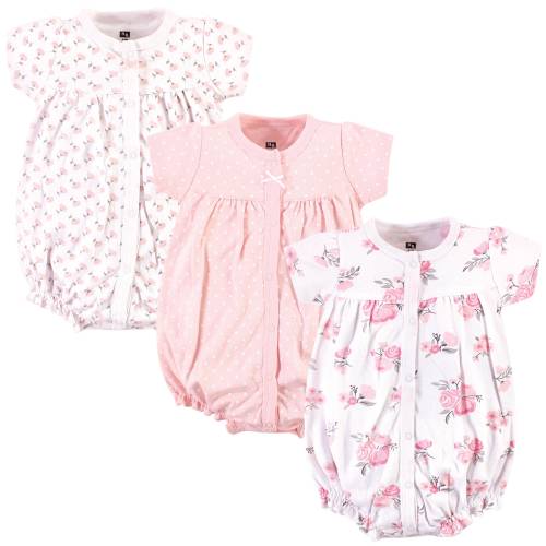 Hudson Baby Infant Girl Cotton Rompers 3pk, Pink Floral