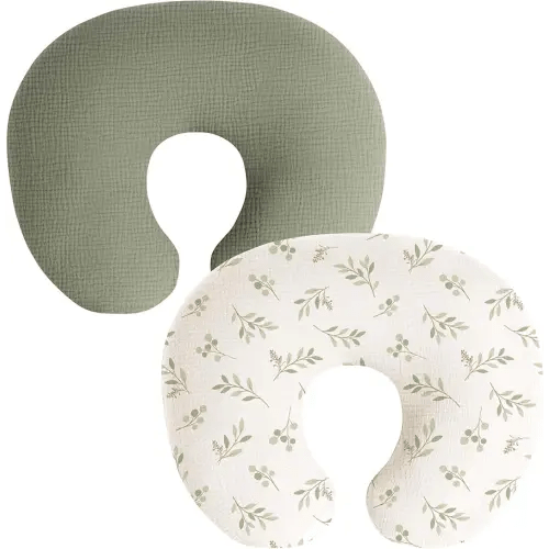 Muslin Nursing Pillow Covers, 2 Pack, Soft & Adorable Slipcovers with Zipper Closure, 100% Cotton Covers for Breastfeeding Pillows (Twig, Grayish Green)