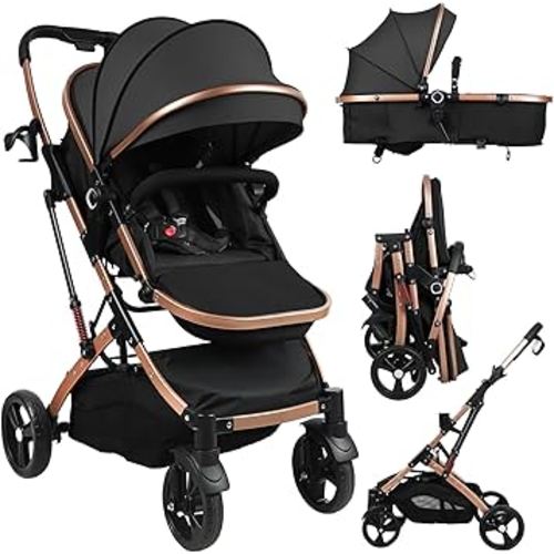 Baby Stroller, 2 in 1 Convertible Bassinet Mode Newborn to Toddler | Reversible Seat UPF Canopy, Shock Absorption Infant Stroller with Five-Point Harness, for Daily Strolls Travel Shopping (Black)