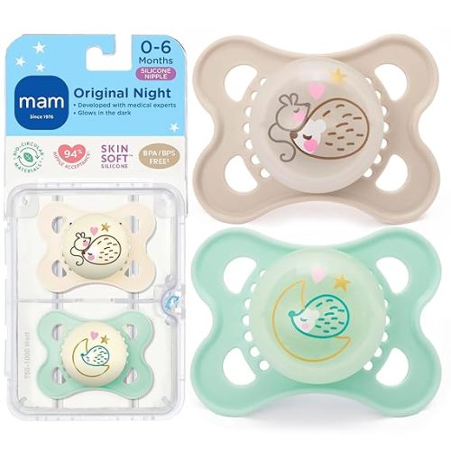 MAM Original Baby Pacifiers 0-6 Months, Binky for Newborn Babies, BPA-Free Skin Soft Silicone Nipple, Glows in The Dark, Developed with Medical Experts, 2 Count, Sterilizer Case, Made in Europe