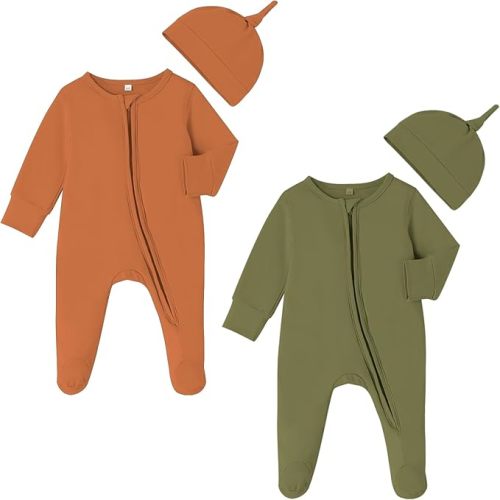 DREAM BUS 2 Pack Newborn One-piece Zipped Romper with Beanie Hats Baby Boy Long Sleeve Footie Infant Cotton Jumpsuit