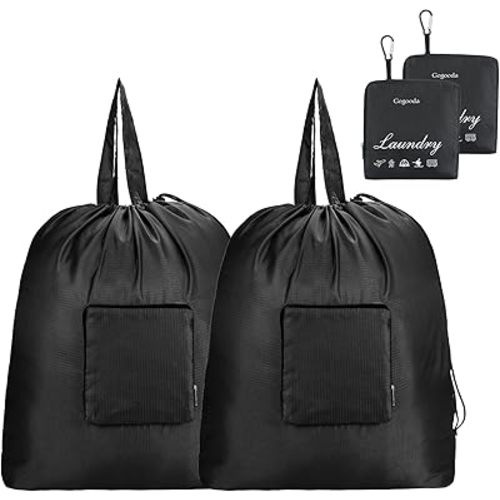 GOGOODA Travel Laundry Bags with Drawstring Closure XL Large Foldable Dirty Clothes bags with Handle Heavy Duty and Washable for College Dorm Travelling Camping, 2 Pack, Black