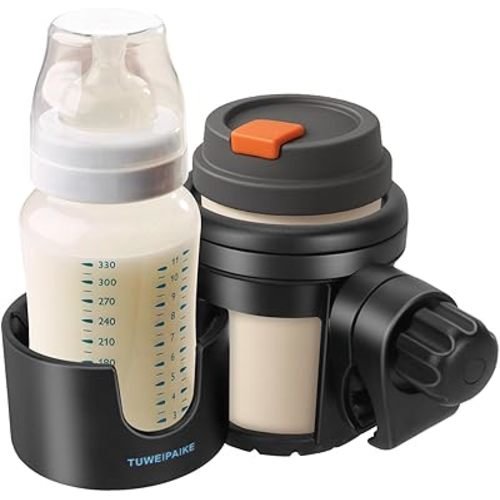 Universal Stroller Cup Holder, 360° Rotation cupholder for Stroller, 2-in-1 Prams Cup Holder with Mega Strength Adjustable Clamp, Fits Most Cups