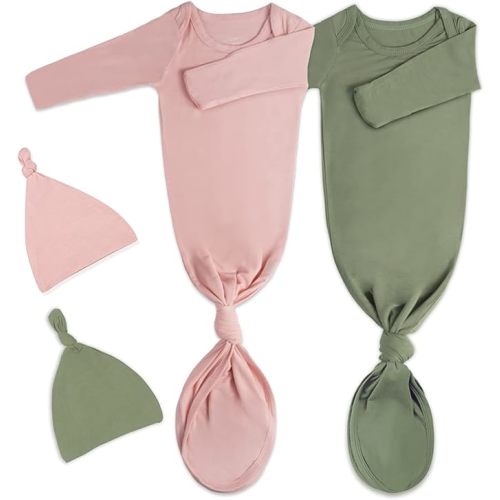 2Pack Knotted Gown Baby, Super Soft Long Sleeve Newborn Hospital Outfit Boy Girl Coming Home, Built-In Mittens Clothes