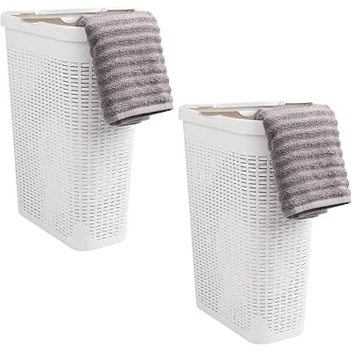 Mind Reader Slim Laundry Hamper with Lid, 40L Clothes Basket, Narrow Tapered Design with Ventilated Cutout Pattern, Plastic, Set of 2, White