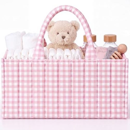 Mifoci Pink Gingham Diaper Caddy Organizer Nursery Baby Basket