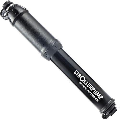 StrollerPump by Steerling Tire Co.- Portable Stroller Tire Pump Compatible with Graco, Baby Trend, BOB Stroller & More *UNCAP Stroller Pump to FIND The Bendable Hose* Valve Adaptors & Mount Included